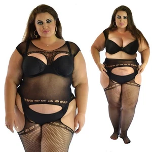Plus Size 14-36 Tights, Mock Suspenders Bodystocking, Stockings, Lingerie, BBW - Picture 1 of 24