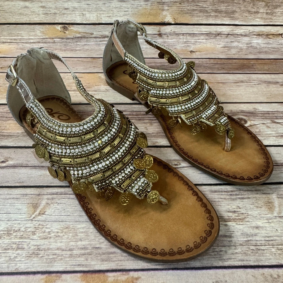 Naughty Monkey Womens Gold Coin and Rhinestone Gypsy Thong Sandals 10 - Image 1 of 4