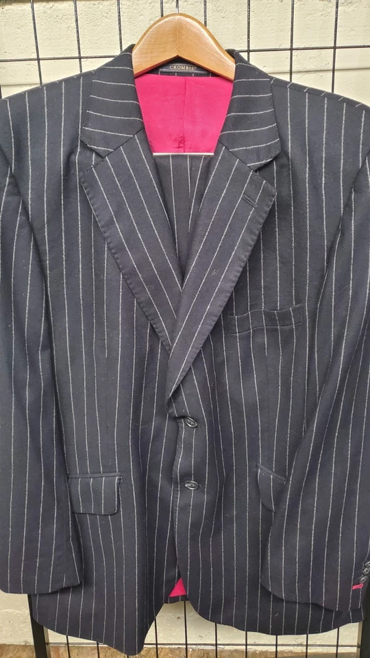 Black Chalkstripe CROMBIE 1805 Suit 44R Flannel Wool Hand Made In England - Image 1 of 4