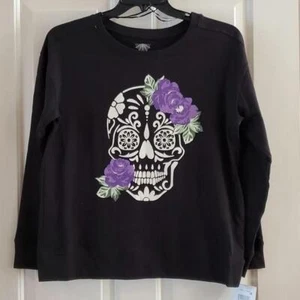 Womens Happy Halloween Sugar Skulls & Purple Roses Sweatshirt Size S M 1X 2X NWT - Picture 1 of 1