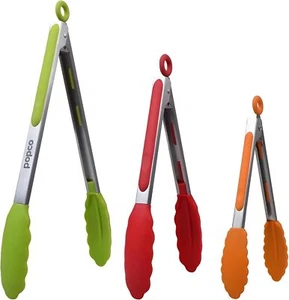 3pc silicone tongs w/steel core,heat-resistant,dishwasher safe - Picture 1 of 7