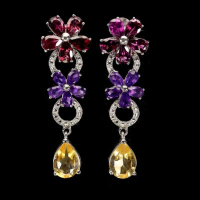 Verano 925 Pendientes Plata Pera Citrino 9x7mm Amatista Gema Natural Jewelr - Imagen 1 de 4