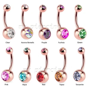 Rose Gold IP Surgical Steel Double Gem Navel Ring Belly Button Ring 14G 3/8" - Picture 1 of 2
