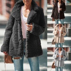 Coat Jacket Cardigan Womens Fur Sleeve Outwear Winter Warm Lapel Long Teddy Bear - Picture 1 of 18