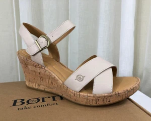 NIB BORN Women Alaina Criss-Cross Leather/Cork Platform Wedge Sandal US 11 Cream - Picture 1 of 24