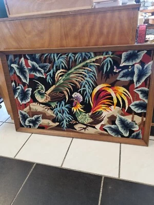 Rare Très Grande Tapisserie Ancienne Canevas Oiseaux Des Iles Par Margot Paris  - Photo 1/4