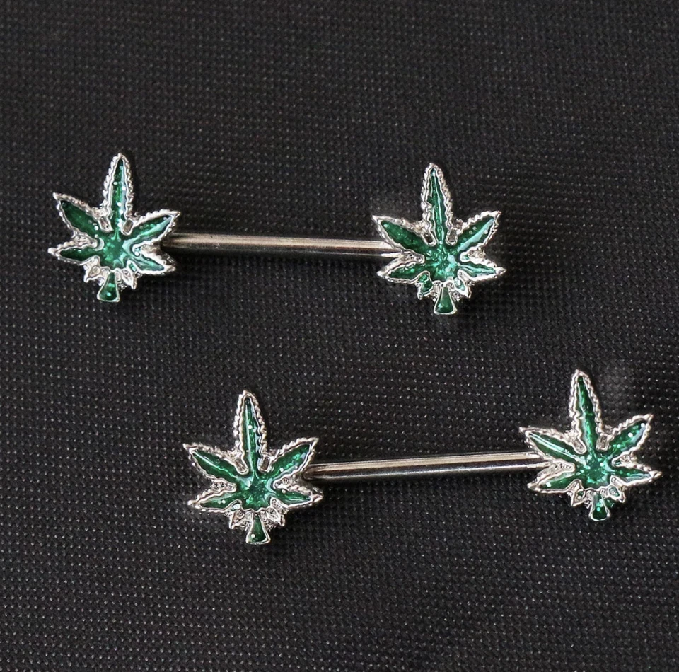 Par (2 piezas) de marihuana hierba oro o plata pezón anillo joyería barra 1-10 Foto 1 de 4