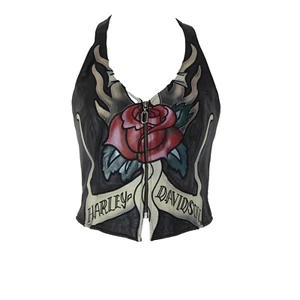 Harley Davidson Gr. S schwarz mehrfarbig Rosen Leder Nylon gefüttert Neckholder Top - Bild 1 von 24