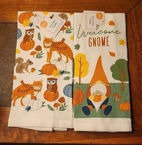 Juego de 2 Toalla de Mano de Cocina Gnomo Otoño Bosque Animales Calabazas Hojas Blancas - Imagen 1 de 4