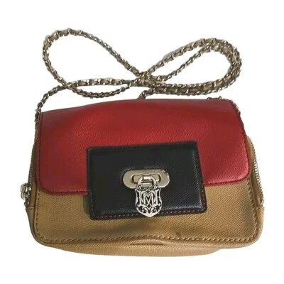 LOVE MOSCHINO Flap Crossbody Red Beige Bag PU Leather Logo Front Chain Strap - Image 1 of 4