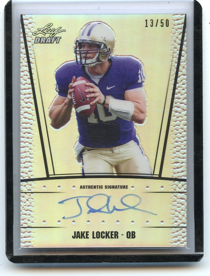 2011 LEAF DRAFT #RC-JL1 JAKE LOCKER "PRISMATIC SILVER" AUTO RC SP #13/50, TITANS - Image 1 of 1