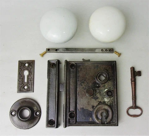 Antique Set White Porcelain Door Knobs Surface Mount Mortise Lock Key Escutcheon Cover