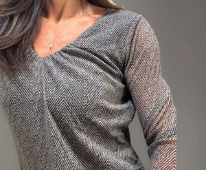 Womens Blouse size XS Tan Black Long Sheer Sleeve Top Neutral V Neck Shirt NWT - Picture 1 of 8
