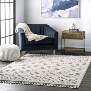 8x11 Ansley Moroccan Tassel Area Rug, Light Grey, High-Low Textured Bohemian ... - Picture 1 of 8