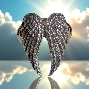Sz 7 Sterling Silver Angel Detailed Oxidized Feather Wings Ring - Picture 1 of 4