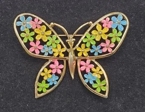 Vintage Large Butterfly Brooch Pin Gold Tone Bright Colors Enamel Flowers - Picture 1 of 11