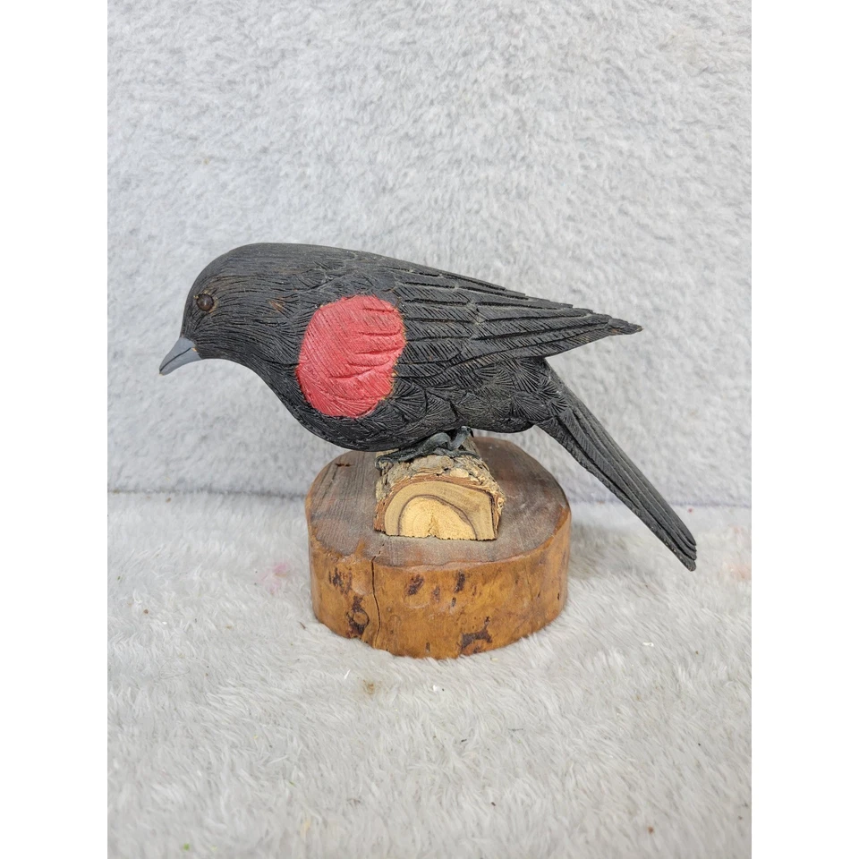 Скульптура резной деревянной птицы ручной работы Red Wing Blackbird с подписью Ralph Villemez 1984 - Изображение 1 из 4
