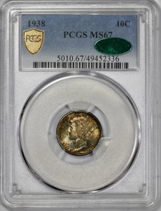 1938 Mercury 10c Dime PCGS MS 67 Tie Dyed Toned CAC Approved - Picture 1 of 5