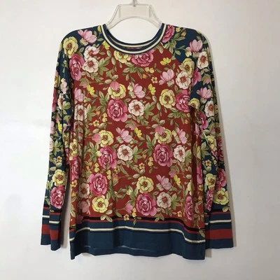 Camiseta Johnny Was Floral Rayas Manga Larga Ajustada Raglán Roja Azul Pequeña Foto 1 de 4