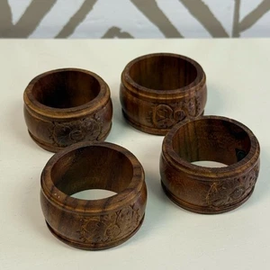 Vintage Wood Round Boho Flower Design Napkin Rings Made in India Set of 4 - Picture 1 of 3