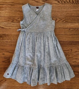 TEA Girls 8 Wrap Sundress Linen Blend Navy White - Picture 1 of 6