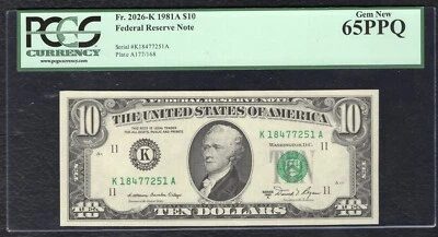 FR 2026-K 1981-A $10 FRN FEDERAL RESERVE NOTE DALLAS, TX PCGS GEM UNC-65PPQ - Image 1 of 2