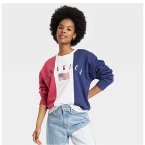 IML Patriotic America Flag Color Block Sweatshirt Red White Blue Cotton Blend XS - Picture 1 of 5