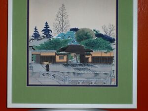 Japan Garden People Gate Bridge Lady Umbrella Tree Signed Print of Watercolor