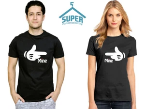 COUPLE T-SHIRT - MINE - Cartoon hands super cute couple LOVE tees - Picture 1 of 8