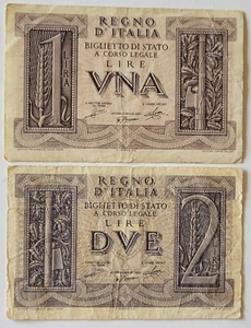 ITALIA LOTE DE 2 BILLETES 1 Y 2 LIRAS 1939 LOTE RARO SIN PRECIO BASE - Imagen 1 de 2