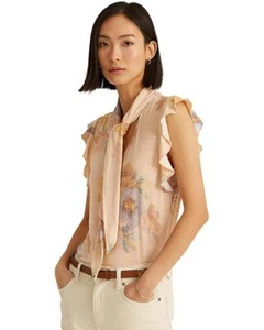 Lauren Ralph Lauren Women's Floral Tie-Neck Top in Blush Sage - Picture 1 of 5
