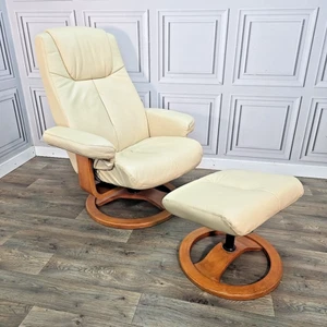 Retro Verikon Cream Recliner Armchair & Footstool Swivel Base Mid Century Style - Picture 1 of 24
