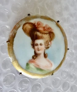 bROOCH HAND PAINTED LADY PORTRAIT PORCELAIN ART PIN ANTIQUE EDWARDIAN neocurio - Picture 1 of 14