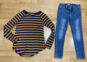 Girl's Old Navy Outfit Size 6 - Burnt Yellow & Navy Striped Sweater w/Jeans EUC - Picture 1 of 7