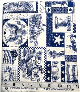 Vintage Patriotic Americana Motif BTY Concord Sew Quilt Craft Fabric Blue/White - Picture 1 of 3