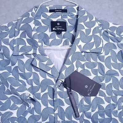 CAMISA BEN SHERMAN PARA HOMBRE NUEVA CON ETIQUETAS L AZUL MARINO GEO BLANCO MANGA CORTA ELÁSTICA ret$89 Foto 1 de 4