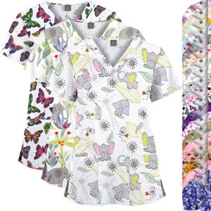 Printed Scrub Top Women Men Medical Nurse Short Sleeve V-Neck Shirt Elephant Elk - Bild 1 von 72