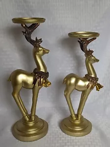 2 soportes dorados de Navidad para velas de ciervo (diapositiva de 3") resina fundida con campanas puestas - Imagen 1 de 10