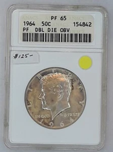 1964 KENNEDY HALF, ANACS CERTIFIED PF65, DOUBLE DIE OBV. SOAPBOX SLAB. - Picture 1 of 4