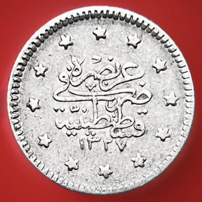 Moneda de plata otomana One Kurush 1327/1, Mohamed V, 1909 dC Turquía. Foto 1 de 3