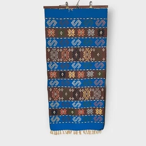Handwoven Wool Rug Blue Brown Nordic Snowflake 29x48" Rectangular Hanging Boho - Picture 1 of 10
