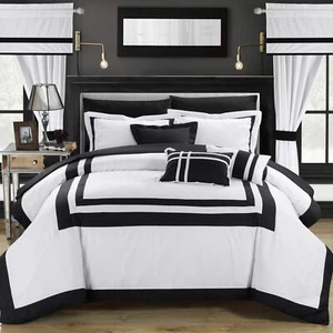 Black White Hotel Block 20 pc Comforter Sheet Window Set Queen King Size Bed Bag - Picture 1 of 7