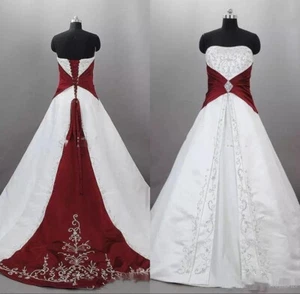 Vintage Embroidery Wedding Dresses Satin Bridal Gown Strapless White Burgundy - Picture 1 of 11
