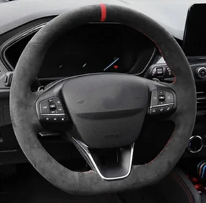 Cubierta de volante de gamuza para Ford Fiesta Focus ST ST ST Line de costura automática negra roja - Imagen 1 de 2