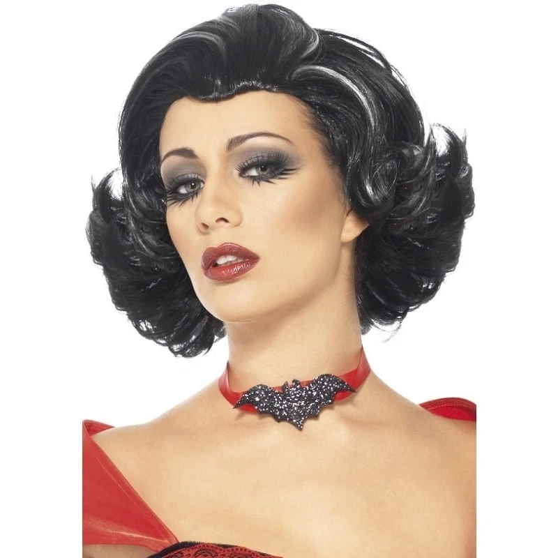 Womens Short Black Hair Wig White Streaks Wavy French Maid Sexy Teacher Vampire - Image 1 of 1