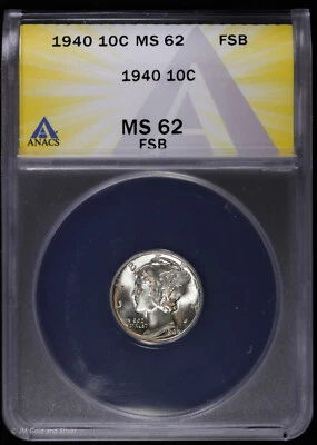 1940 10c Silver Mercury Dime ANACS MS 62 FSB | Uncirculated Full Split Bands - Image 1 of 4