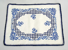 VINTAGE BLUE & WHITE FLORAL CROSS STICH EMBROIDERED PILLOW COVER w/ CROCHET EDGE
