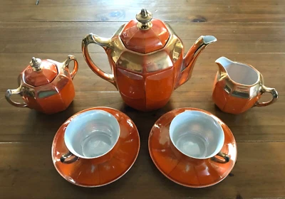 Mokka-Service in Oktagon-Form für 2 Personen in Orange/Gold/Perlmutt - Art Déco - Bild 1 von 4