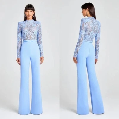 Macacão Nadine Merabi Azul Maddie Renda Manga Longa Perna Larga Tamanho 10 Grande $635 - Imagem 1 de 2