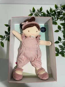 Jolijou Paris Soft Rag Doll With Pink Striped Overalls & Bow -Plush Toy For Kids - Picture 1 of 5